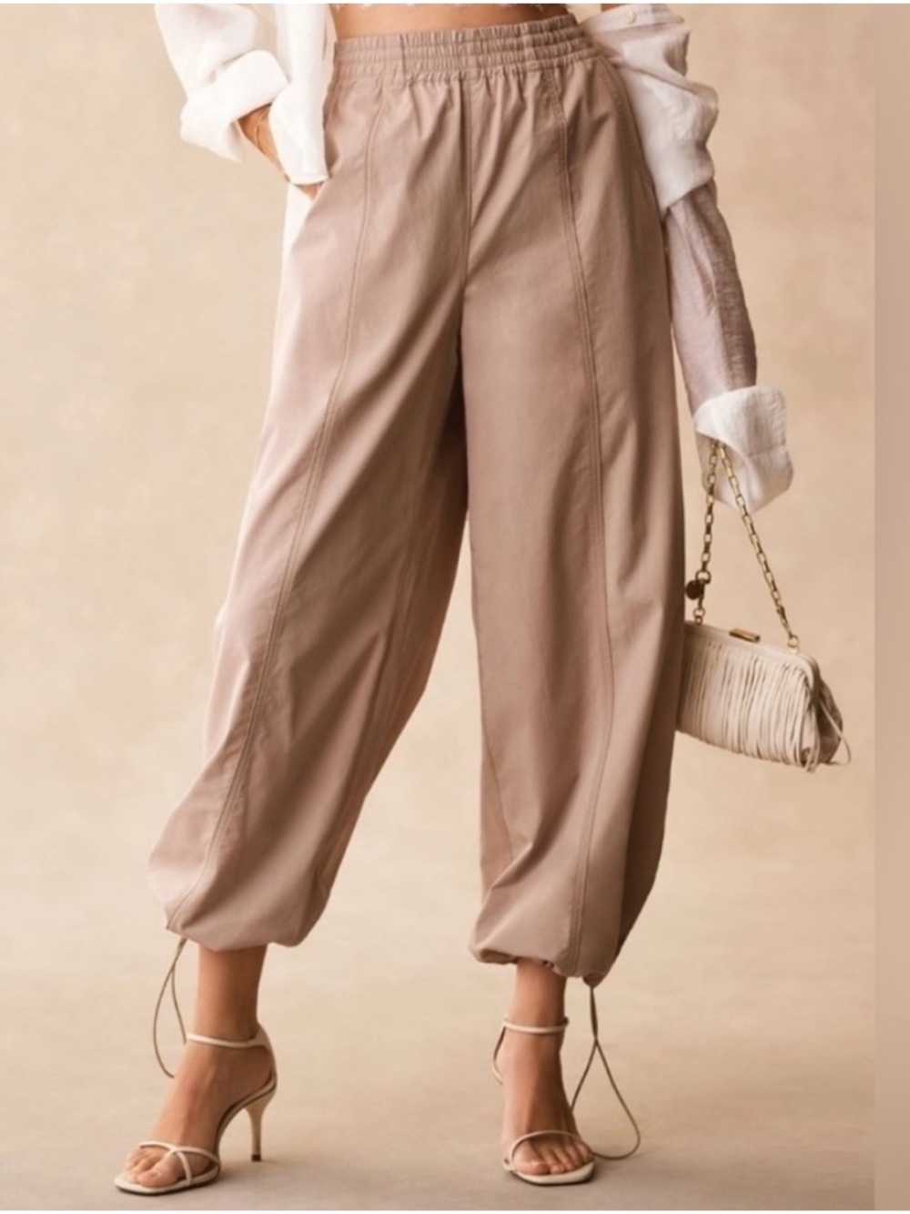 AGOLDE Dakota Track Jogger Pants Womens XS Beige Cotton Poplin Wide Leg Pull On